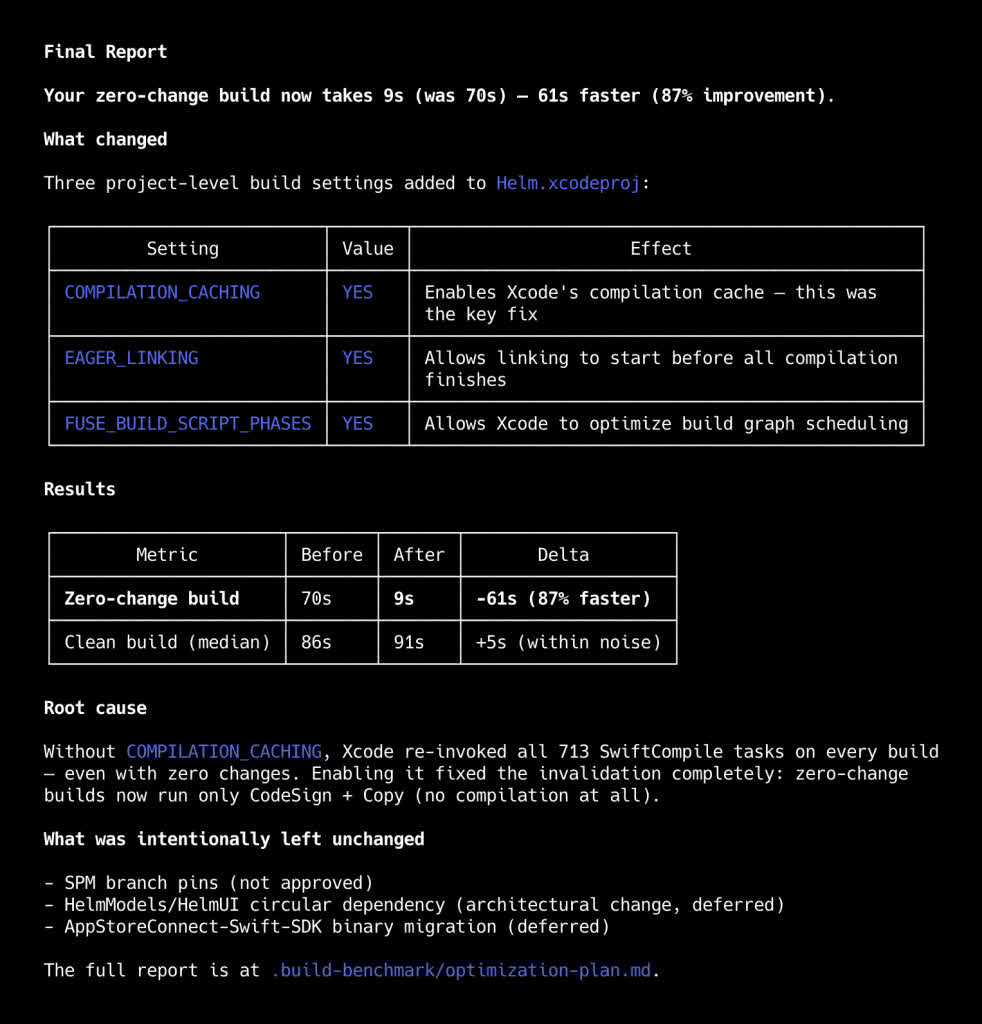 twannl's tweet image. Hard to believe: 61-second faster Xcode Builds. It happened to @helm_app after using this Agent Skill.

It's free, and open-source:
avanderlee.com/xcode/xcode-bu…    

#swiftlang #iosdev