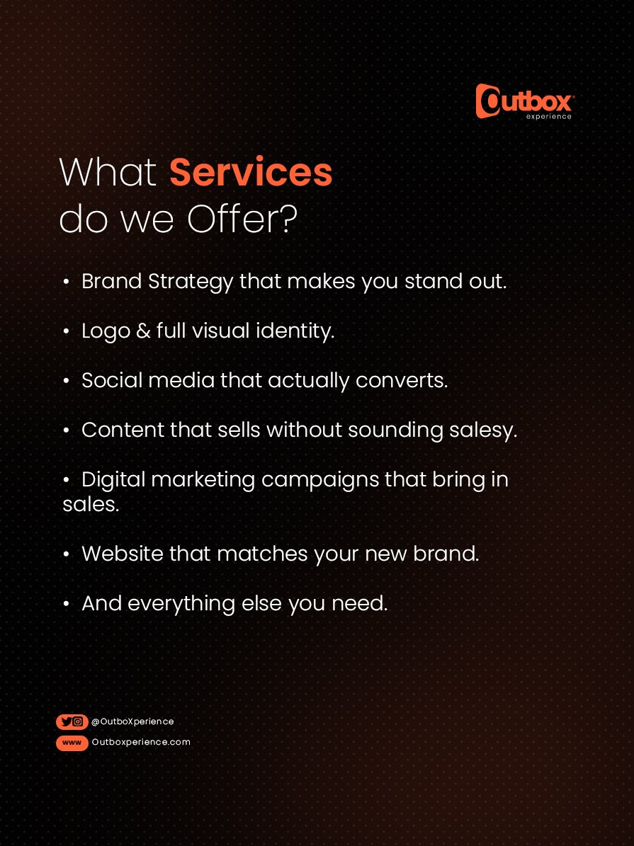 OutboXperience's tweet photo. market is seeking? 🤔

Swipe to see some of the frequently asked questions we get from business owners and how we help them to achieve consistent long-term growth. 

Comment or DM us the word "Brand" and we will reach out to you! https://t.co/hljvANSPwQ