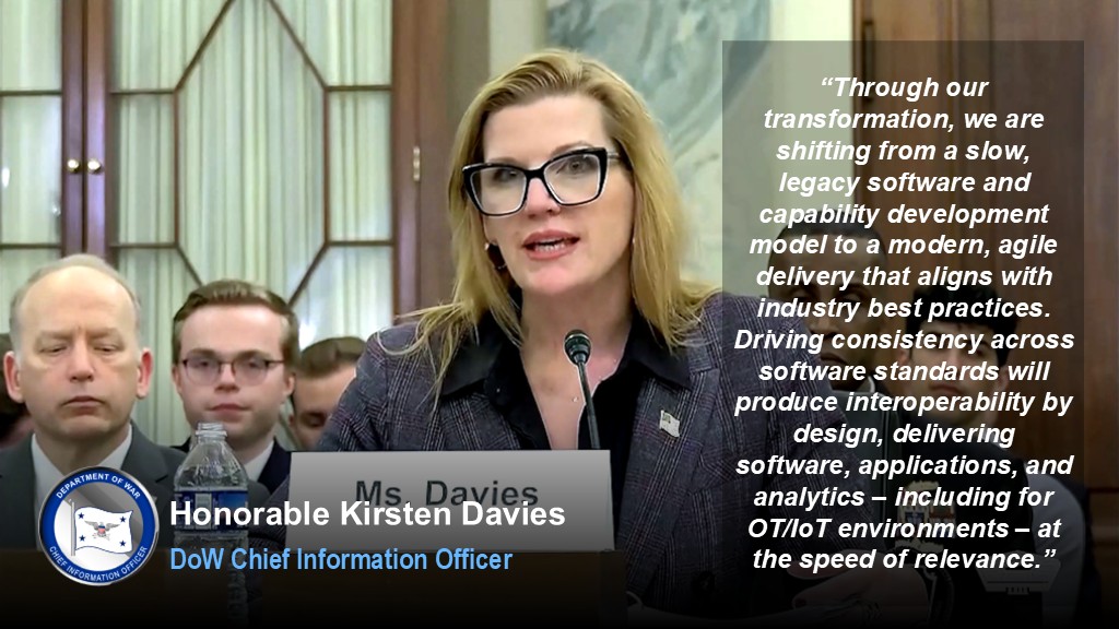 Hon. Kirsten Davies, DoW CIO, testifying before the Senate Armed Services Committee Cybersecurity Subcommittee on March 24th discussing Pillar 2: Agile Digital Capabilities of the @DeptofWar strategy to make our Warfighters the most lethal in the world and support @SecWar https://t.co/1saxyXrsxY