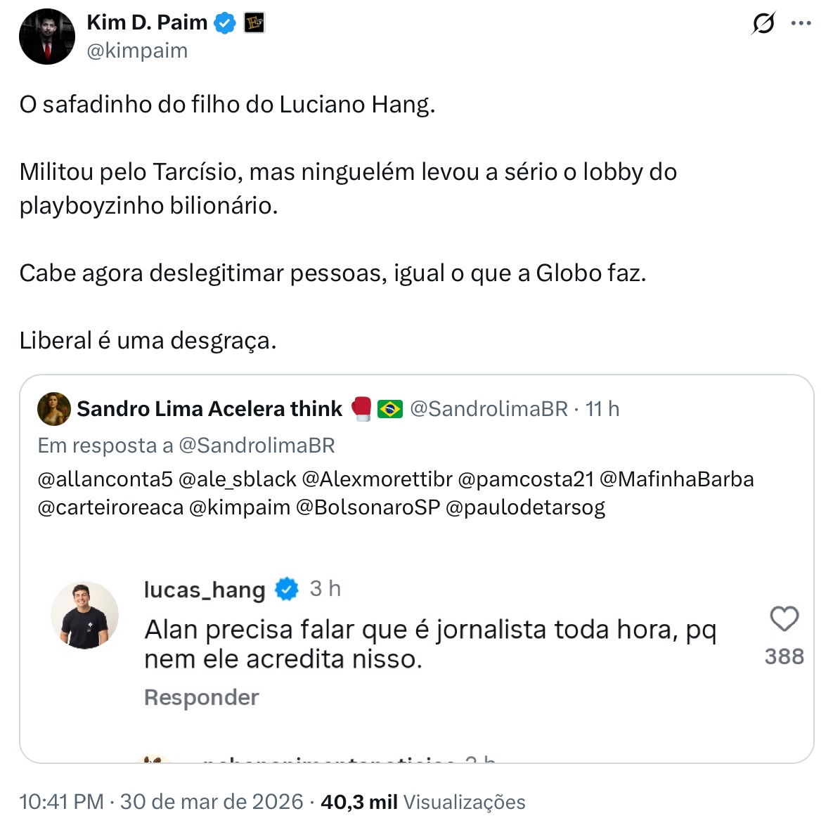 <a href="/Rconstantino/">Rodrigo Constantino</a> Sobrou até pro filho do Luciano Hang.

Detalhe: Kim Paim acusa-o de “deslegitimar pessoas” no mesmo texto em que chama-o de “playboyzinho bilionário” e de “desgraça”.

Parece até Boulos, Lula e Dirceu falando…