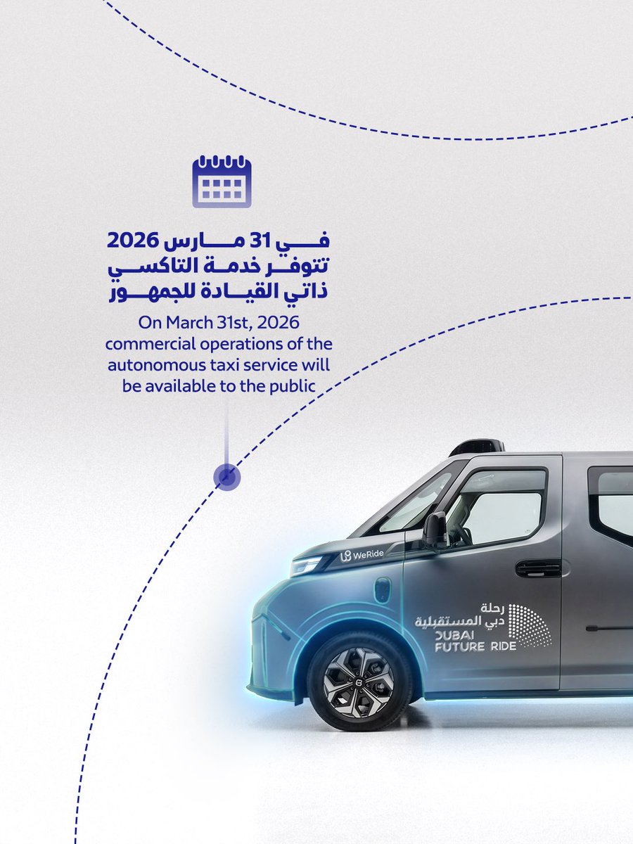 rta_dubai's tweet photo. في خطوة جديدة تعزز توجه #دبي نحو مستقبل التنقّل الذكي، بدأت #هيئة_الطرق_و_ال��واصلات التشغيل التجاري لخدمة التاكسي ذاتي القيادة للجمهور في منطقتَي أم سقيم وجميرا، بالشراكة مع "أوبر" و"أبولو جو". وتشمل المرحلة الأولى إدخال 100 مركبة تدريجياً، ضمن منظومة النقل في دبي، بعد سلسلة من التجارب التشغيلية التي دعمت جاهزية الخدمة وفق أعلى معايير السلامة والتشغيل.
@WeRide_ai 
@BaiduApollo