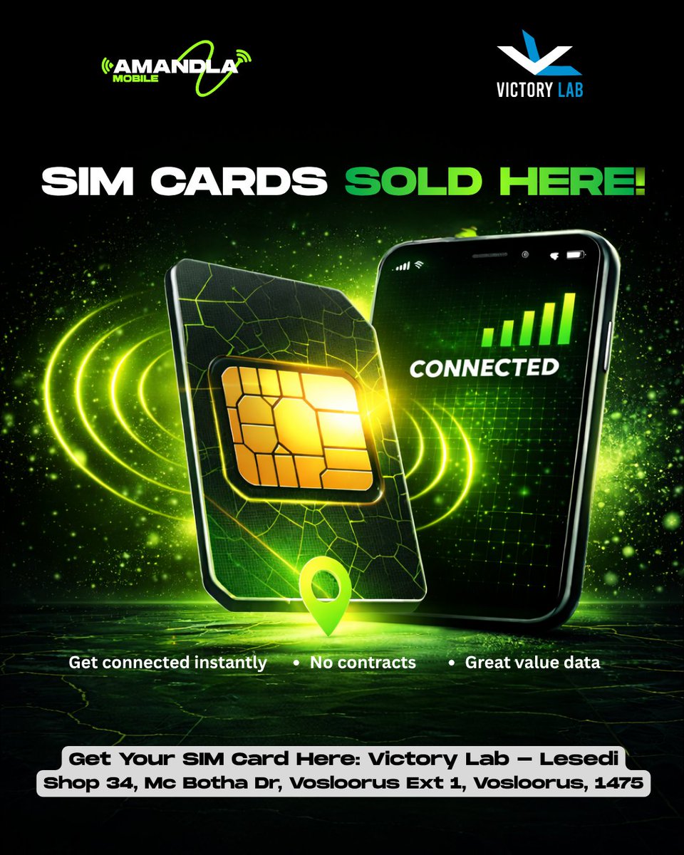 AmandlaMobile's tweet photo. More stores. More access. More Amandla 💚💙

Amandla Mobile SIM cards are now available in additional Victory Lab  stores — including selected locations in and around Johannesburg.

Get yours today and receive a FREE Amandla cap while stocks last.

Don’t wait.

#AmandlaMobile #VictoryLab #GetConnected