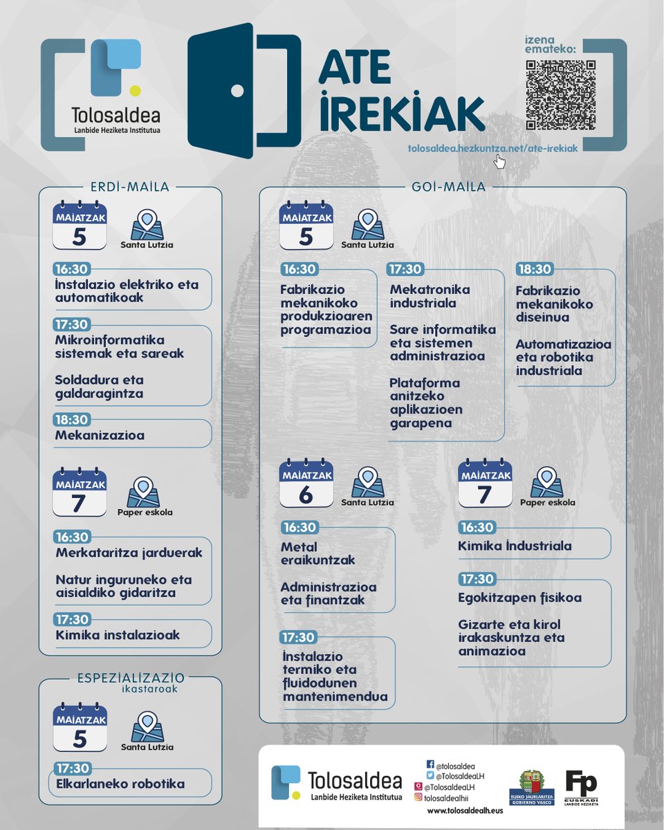 TolosaldeaLH's tweet photo. Aurreko ate irekietara etortzeko aukerarik ez zenuen izan? Lasai! Bigarren saioak antolatu ditugu maiatzaren 5ean, 6an eta 7an 📅. 
Informazio gehiago hemen:ℹ️
https://t.co/xyTlL7MvQq
Izena emateko 📝👇: 
https://t.co/JKiebkIJeQ https://t.co/C4pdRB4z0w