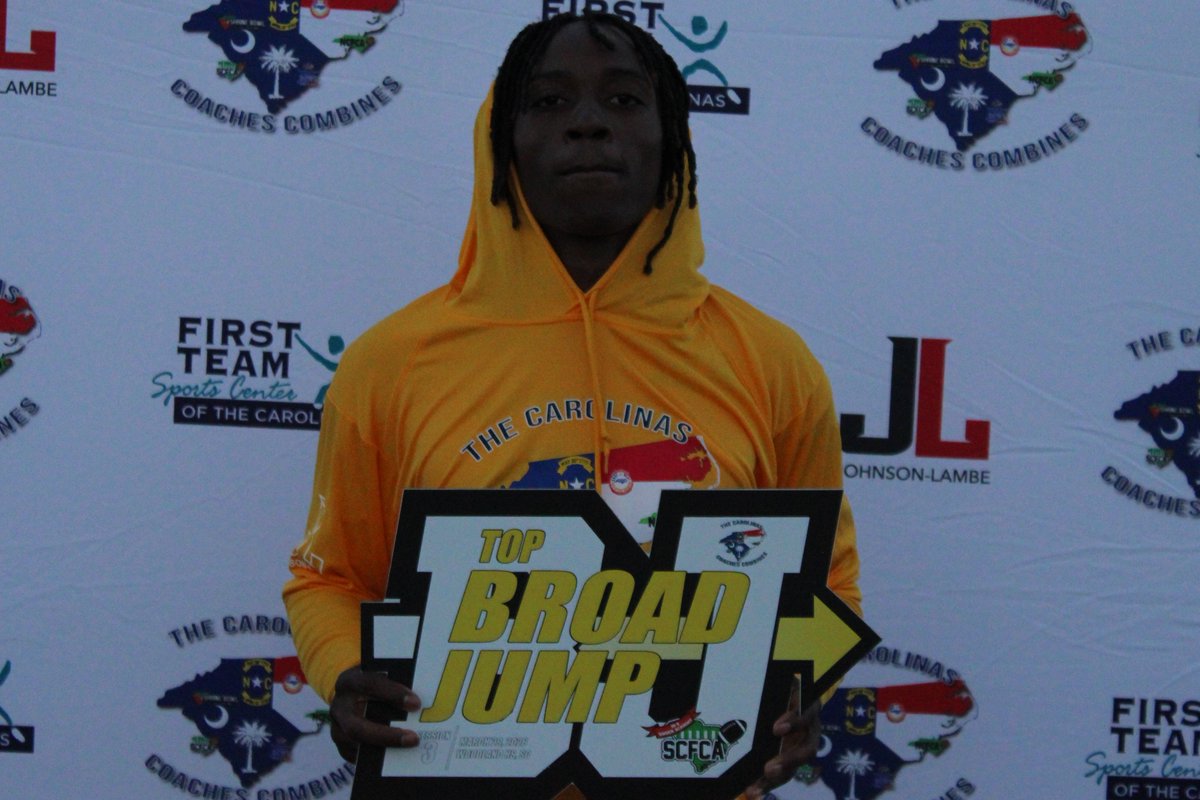 CoachesCombines's tweet photo. Congratulations to Bernard Green of Camden for winning the Best Broad Jump Sponsored by the SCFCA 35 &amp; Under with a 33.1 at The Carolinas Coaches Combines - Woodland S3! 
@CoachFidler @FootballCamden https://t.co/QgLeWdcktE