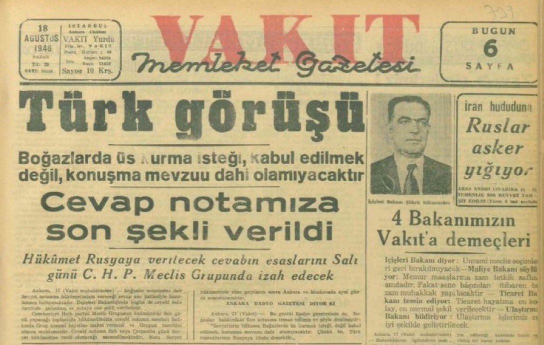 Boğazlarda NATO'ya üs kurdurmak "Boğazın Kilidi Montrö"yü etkisiz hale getirmek demektir. Bu durumda Türkiye'nin ve bölgenin güvenliği büyük bir tehditle karşı karşıya kalacaktır. 

"Milli Şef: Türkiye Boğazlarda kimseye üs vermeyecek." (İkdam, 2 Kasım 1945)

"Türk görüşü: