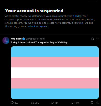 VandyCatgirl's tweet photo. I got suspended on transgender day of visibility... if that isn't a sign that this platform hates me, I dont know what is. https://t.co/Z99y7jt2Cm