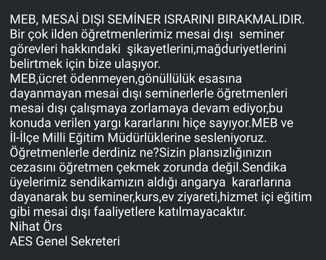 OrsNihat's tweet photo. MEB, MESAİ DIŞI SEMİNER ISRARINI BIRAKMALIDIR.
Bir çok ilden öğretmenlerimiz mesai dışı seminer görevleri hakkındaki şikayetlerini,mağduriyetlerini belirtmek için bize ulaşıyor.
MEB,ücret ödenmeyen,gönüllülük esasına dayanmayan mesai dışı
@tcmeb @Yusuf__Tekin
#seminer #angarya https://t.co/JYEuNPAnF7