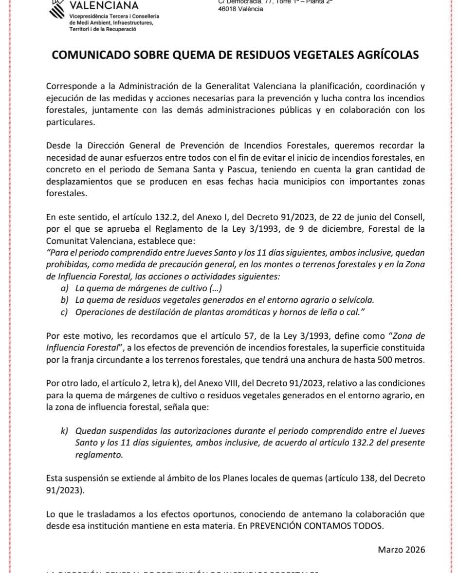 ⚠️ ATENCIÓ 
Prohibició de cremes 🚫🔥#SetmanaSanta i #Pasqua 2026

🗓️ Del 2 al 13 d'abril

🚫 No es poden cremar restes agrícoles o forestals a 500m zona forestal

🚫 Suspesos tots els plans locals i autoritzacions

🙏 Gràcies per la col·laboració!
#stopalfoc #PrevencióIncendis