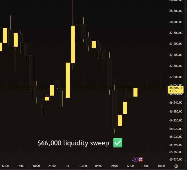 CryptoReviewing's tweet photo. $66,000 liquidity swept ✅

Updating new levels now. https://t.co/FrNdkHf6aw