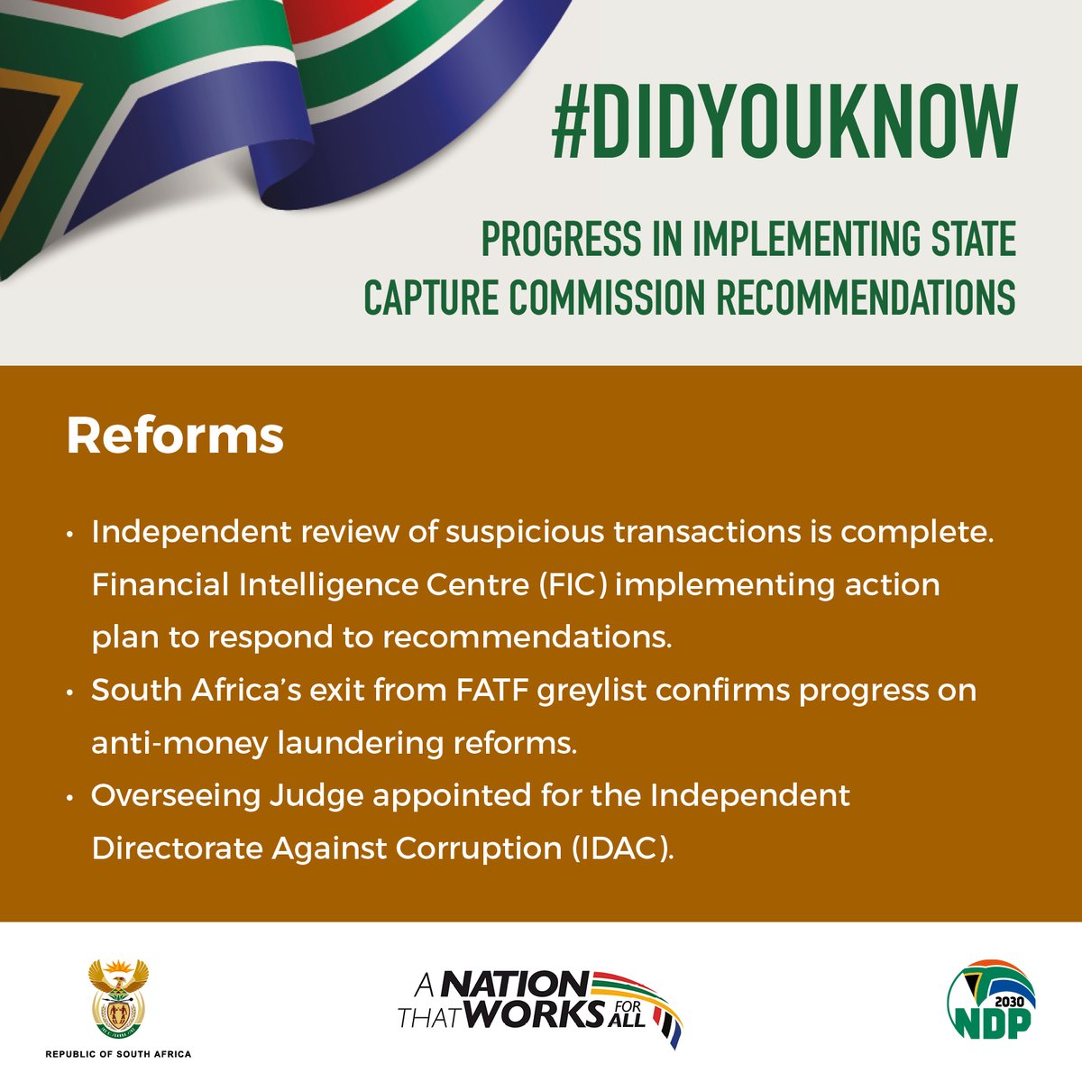 GovernmentZA's tweet image. #DIDYOUKNOW Systemic reforms are underway?

🔍 FIC action plan in motion
📉 FATF greylist exit – progress confirmed
⚖️ Overseeing Judge appointed for IDAC

Building a cleaner future. 🧹

#MadlangaCommission #Anticorruption #Reforms #GovZAUpdates
