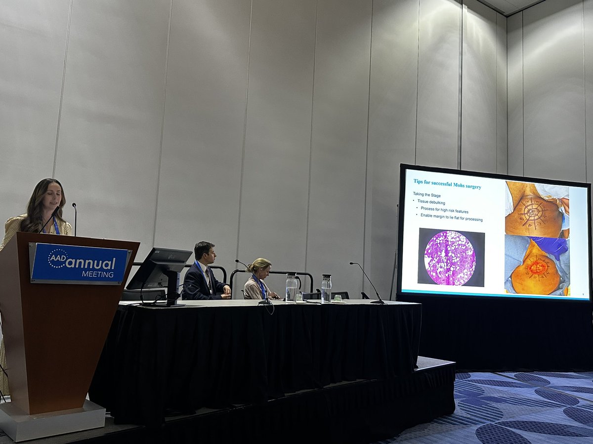MSHSDerm's tweet photo. “Pearls from Complex Mohs” session
“Difficult tumors: the large & anatomically challenging” presented by
Dr. Courtney Ensslin at #AAD2026 #Denver
Various blades, key strategies, w- video & details shared. #Mohs #surgery #dermatology @EmmaGuttman @IcahnMountSinai https://t.co/0NJzfuPXgG