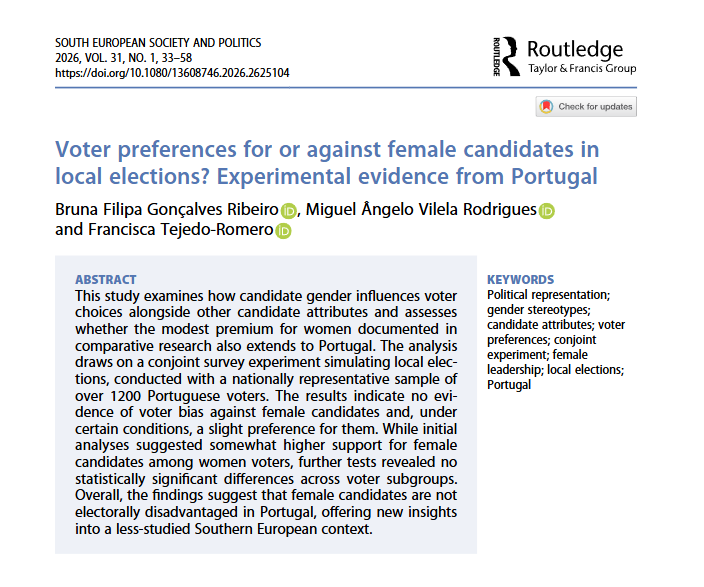 sesp_j's tweet image. 📢 in our #NewIssue (31.1) 🇵🇹
A conjoint experiment by B. F. Gonçalves Ribeiro, M. Â. Vilela Rodrigues, and F. Tejedo-Romero in #Portugal shows no bias against female mayoral candidates and a modest tendency in their favour

⏳Temporary #FreeAccess 👇
tandfonline.com/doi/full/10.10…