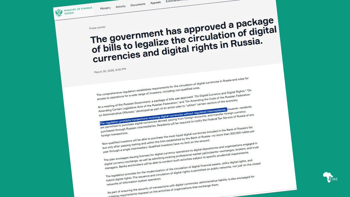 BitcoinKE's tweet image. REGULATION 🇷🇺 | Russia Approves Draft Bill Prohibiting the Use of Unlicensed Intermediaries Involving Crypto Transactions 

The framework introduces strict #caps for #everyday investors. 

Non-qualified users would be required to pass a knowledge test and would face an annual
