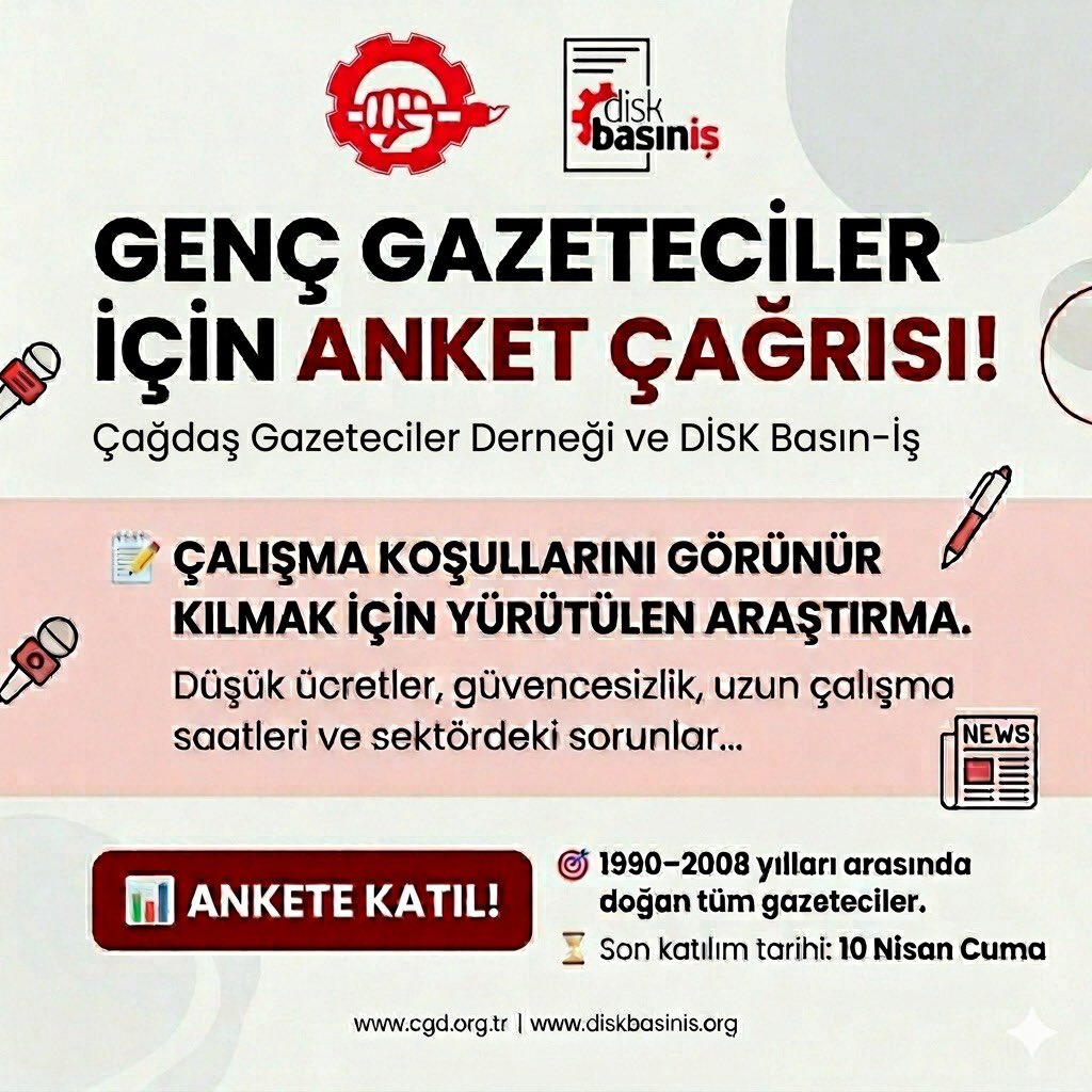 📢 *Genç Gazeteciler İçin Anket Çağrısı!* 

Çağdaş Gazeteciler Derneği ve DİSK Basın-İş (<a href="/diskbasinis/">DİSK Basın-İş</a>) olarak, genç gazetecilerin çalışma koşullarını ortaya koymak amacıyla bir araştırma yürütüyoruz.

📝 Hazırladığımız bu anketle; düşük ücretler, güvencesizlik, uzun çalışma