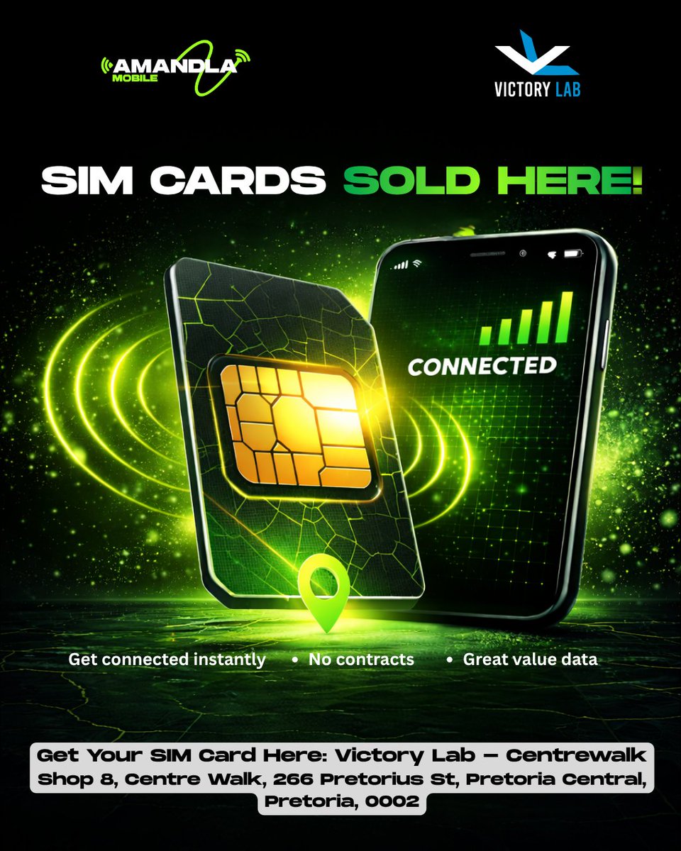 AmandlaMobile's tweet photo. We’re leveling up 💚💙

More Victory Lab stores. More access. More Amandla.

Pretoria fam — your SIM is now closer than ever.
Pull through, get connected, and walk away with a FREE Amandla cap 🧢 (while stocks last).

Let’s go.

#AmandlaMobile #VictoryLab #StayWinning https://t.co/l62W8fIeBD