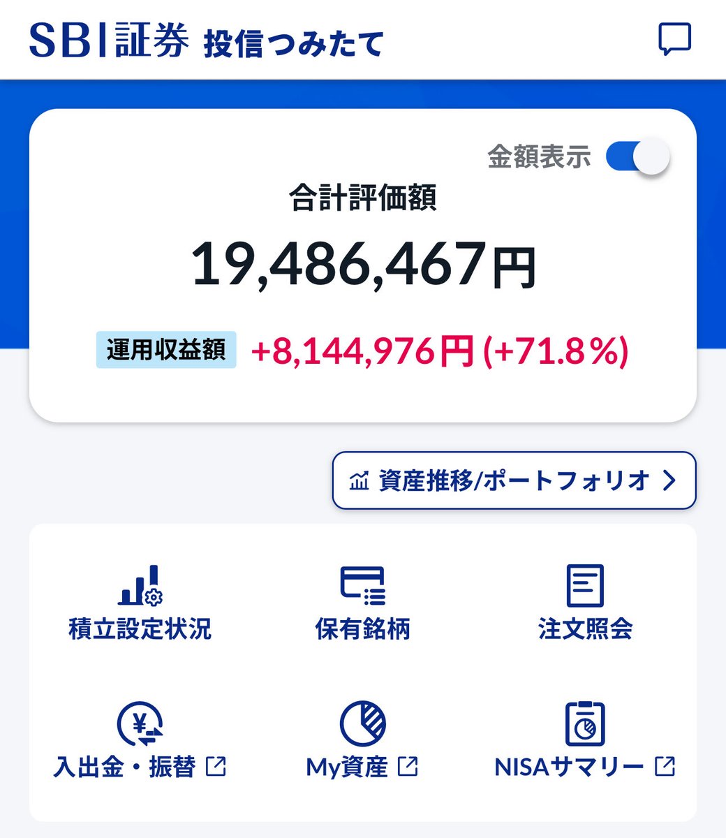 つみたてNISA＆投資信託

収益額：+814万円（前四半期-195万）
収益率：+71%

四半期毎の記録。昨年から米株離れの日本買いを進め、VTI系投信の保有額は残り200万円ほどに🙂
NISAでTOPIXを淡々と買っていきます。