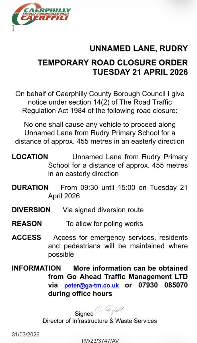 McConAmanda's tweet image. 🚧 Temporary Road Closure – Unnamed Lane, Rudry 🚧

Please note that Unnamed Lane in Rudry will be temporarily closed on:

📅 Tuesday 21 April 2026
⏰ From 09:30 to 15:00

🔄 Diversion: A signed diversion route will be in place.

⚡ Reason: Poling works

#MachenRudryWard #CCBC