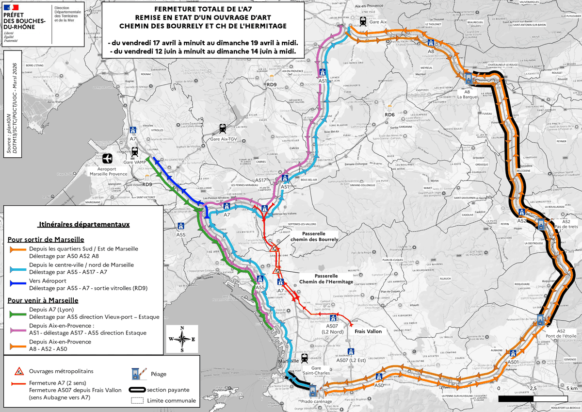 Image de Préfet de la région Provence-Alpes-Côte d'Azur - 📢#Fermeture #AutorouteA7  | 
L'autoroute A7 sera fermée dans les 2 sens de circulation les week-end