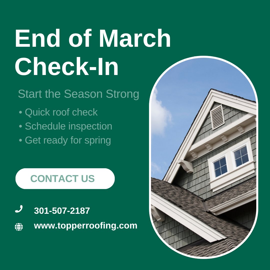 TopperRoofing's tweet image. End of March check: Have you scheduled your roof inspection yet?

Now’s a good time to get ahead of spring weather.

Book here: topperroofing.com/contact-us/
#RoofInspection #SpringPrep #TopperRoofing