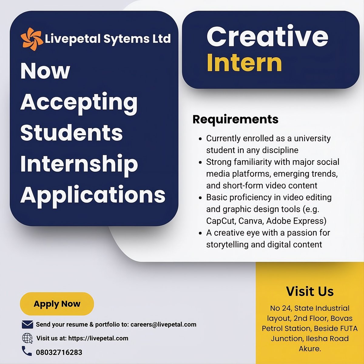 livepetal's tweet photo. SIWES Students!
Livepetal Systems Ltd is now accepting IT placement applications for Creative Interns and Tech Interns
Apply before spots fill up
RT so no student misses this! #SIWES #ITPlacement #LivepetalSystems #TechIntern #CreativeIntern https://t.co/YIZC3bylGH
