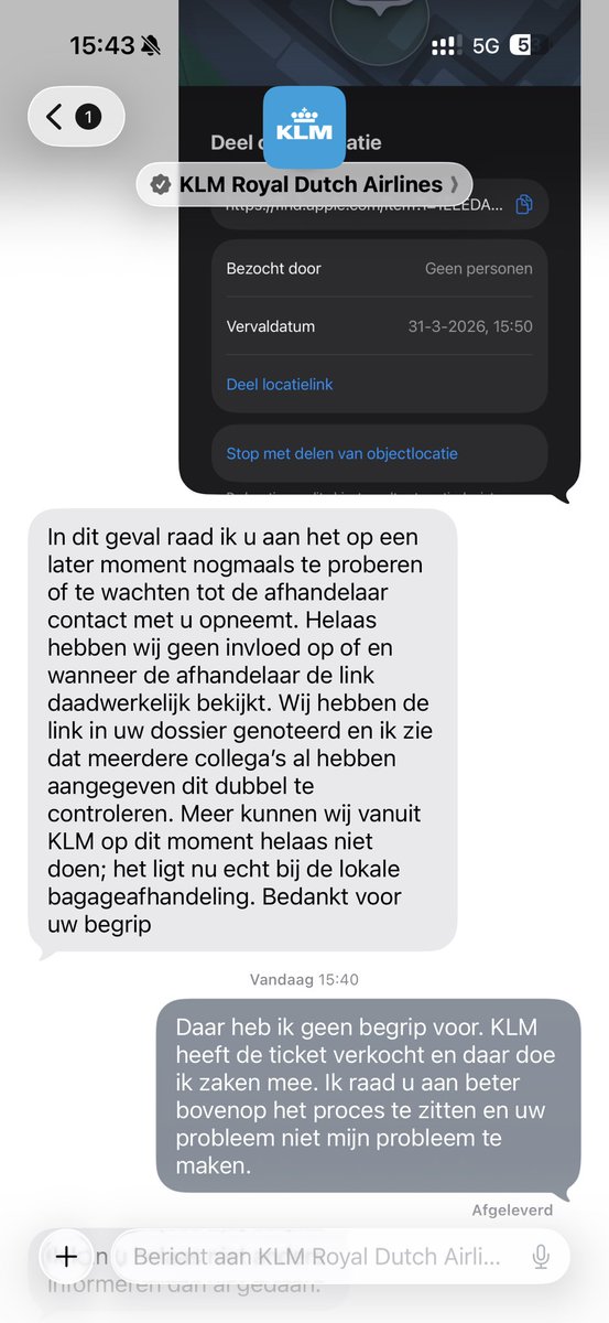 StraffeW's tweet photo. This is amazing. KLM just takes no responsibility and leave it to the local agent. Informs that bag is in CPT however AirTag shows JNB… #klm @klm @FD_Nieuws @telegraaf https://t.co/vMIC7Mporw