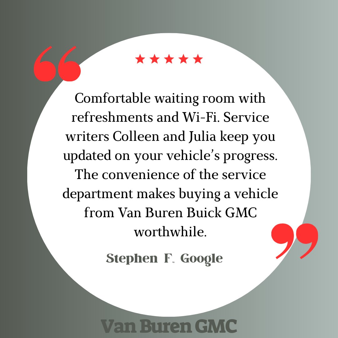 VanBurenAuto's tweet photo. Thank you, Stephen! We're glad you enjoyed the comfortable waiting area and that Colleen and Julia kept you well informed. We appreciate your kind feedback! https://t.co/QRCiqyrozI