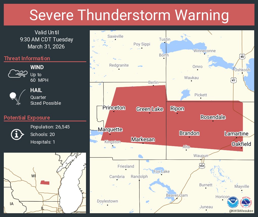 Severe Thunderstorm Warning including Ripon WI, Markesan WI and ...