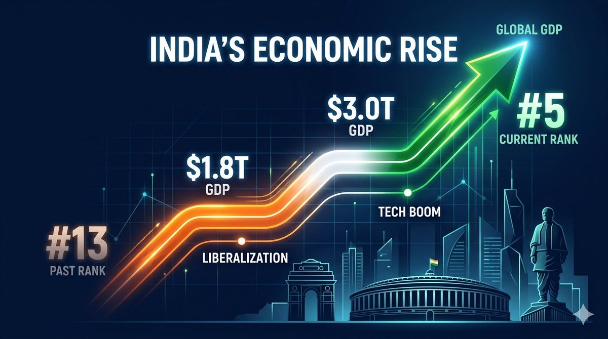 Indianinfos's tweet photo. 📈 India's GDP Rank since 2000 (Nominal):

2000 — #13 🇮🇳
2005 — #12 🇮🇳
2008 — #11 🇮🇳
2010 — #9 🇮🇳
2015 — #7 🇮🇳
2019 — #5 🇮🇳
2022 — #5 🇮🇳
2025 — #5 🇮🇳

From 13th to 5th in 25 years 🚀
Now targeting #3 by 2030.

Source: IMF World Economic Outlook 🌏

#India #GDP #Economy #Bharat https://t.co/2k3nxFcI32