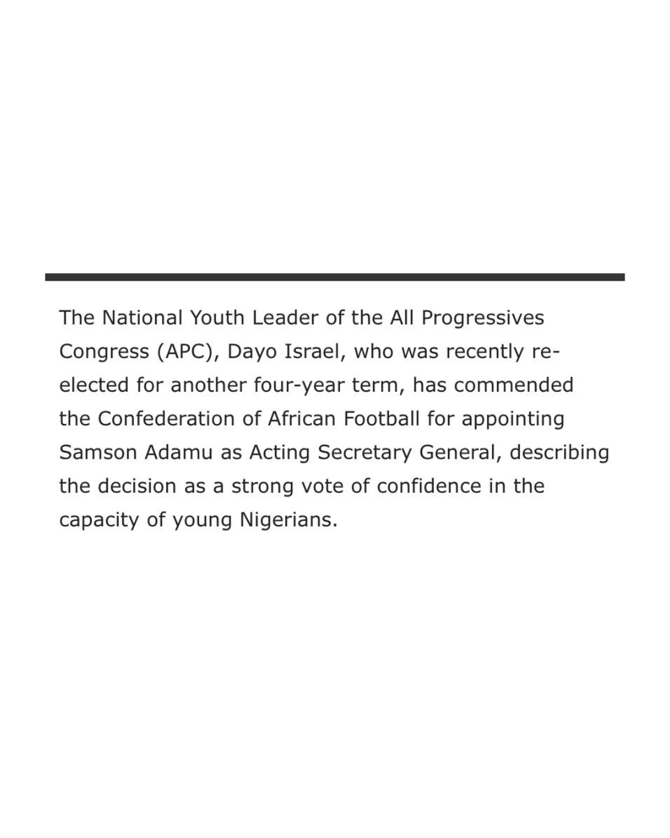 apcngyouthwing's tweet photo. Headlines say it all!
Dr. Dayo Israel commends CAF for appointing Samson Adamu as Acting General Secretary, describing it as a victory for Nigerian youth.
➡️ Slide to read more! 

#apcyouthwing #youngprogressives #goviral #progressiveminds #nigerianyouth https://t.co/0paWQyLMvQ