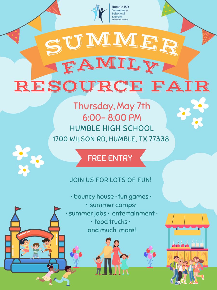 HumbleISD_CBS's tweet image. Summer is right around the corner! Join us for our Summer Family Resource Fair on May 7th from 6–8 PM at Humble High School! This FREE event connects families with summer programs, resources, and fun for all ages! #HumbleISD #SummerResourceFair #FamilyFun