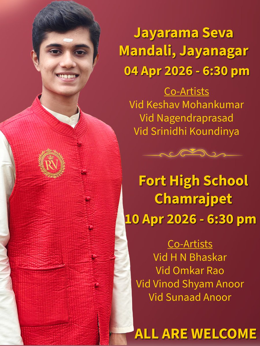 RahulVellal's tweet image. Upcoming concerts in Namma Bengaluru. Details in the flyer. Look forward to seeing you all in large numbers for the concerts. See you all soon :)
#rahulvellal #live #concerts #carnatic #bengaluru