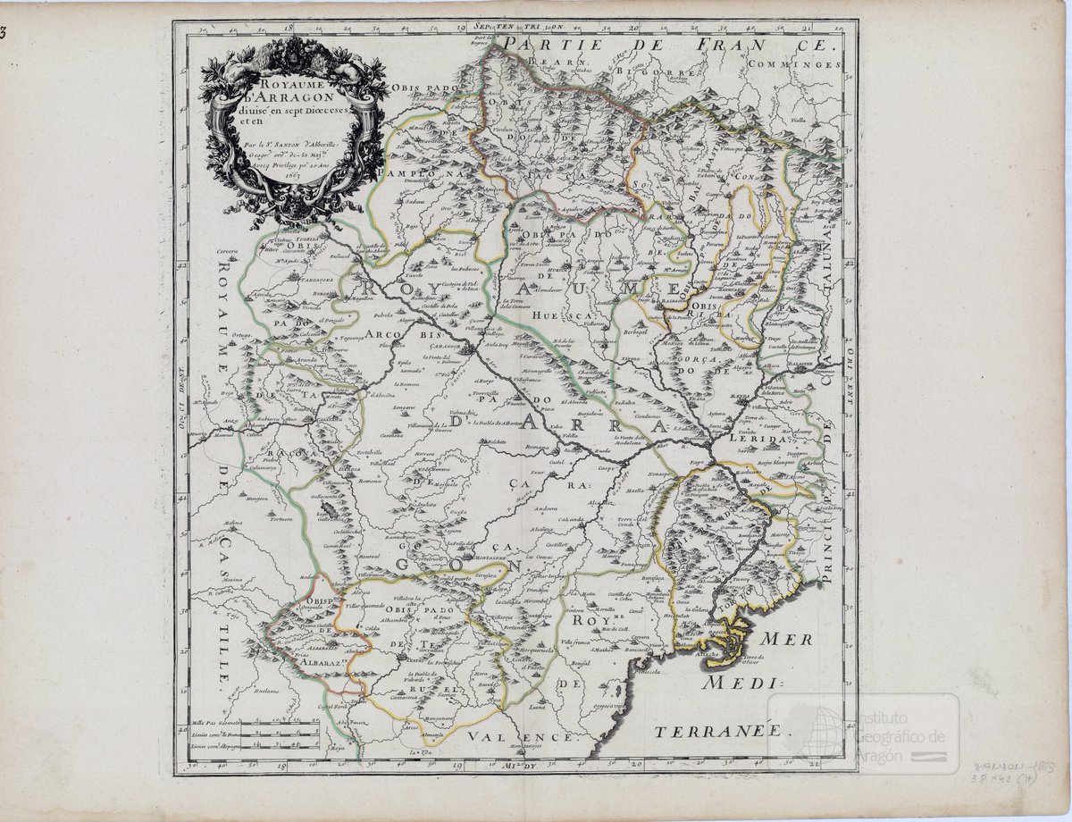 IGEAR_Aragon's tweet photo. El fondo cartográfico antiguo del #IGEAR reúne una colección de mapas originales que presentan el territorio aragonés desde el siglo XVII hasta el primer tercio del siglo XX.  

🔎 Explora la colección⬇️
https://t.co/7VnSKHceZW

🗺️"Royaume d'Arragon divisé en sept dioeceses et en [blanco]". Nicolas Sanson d`Abbeville. 1663
https://t.co/ecSoSBi4uD