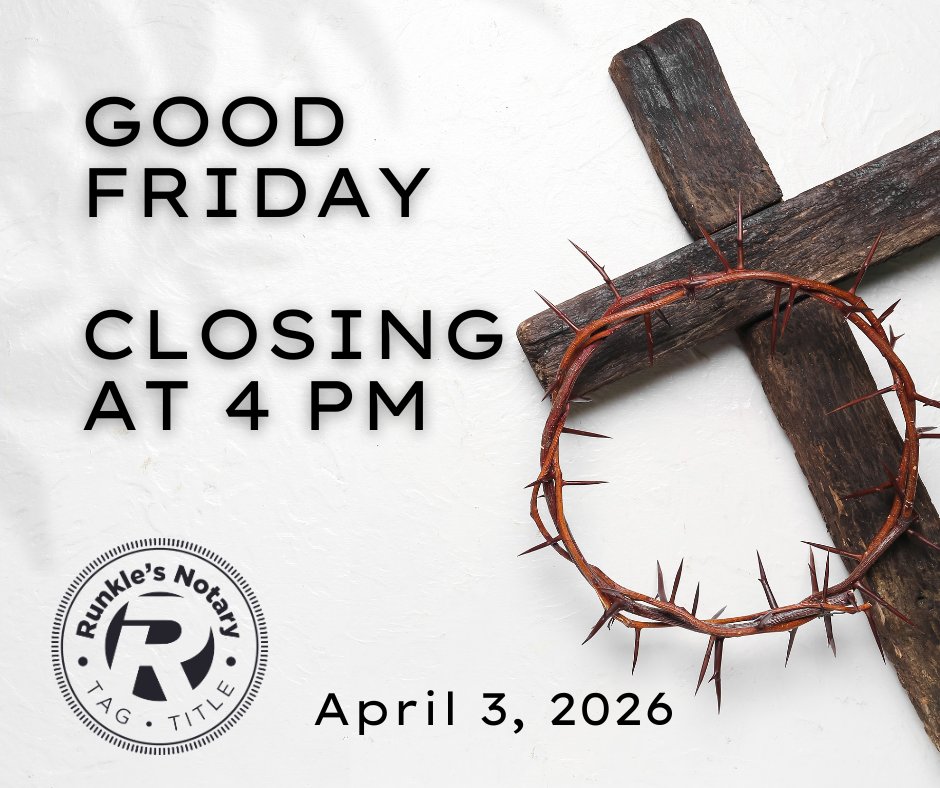 parunkles's tweet photo. In observance of Good Friday, all Runkle’s offices will be closing at 4PM on April 3rd. We apologize for any inconvenience this may cause. Our offices will reopen at 9AM on Saturday, April 4th. Thank you for your understanding and continued support. https://t.co/3dPJ0j2ar6