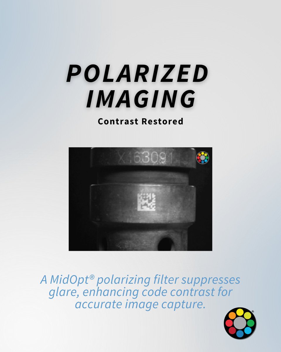 MidwestOptical's tweet photo. Glare hiding your 2D code?
 
 Before: Ambient light washes out the mark.
 After: MidOpt® polarizer blocks reflections and boosts clarity.
 
 Sharper contrast. Better reads.
 
 #MachineVision #Polarization #MidOpt https://t.co/b7VwXsIZLb