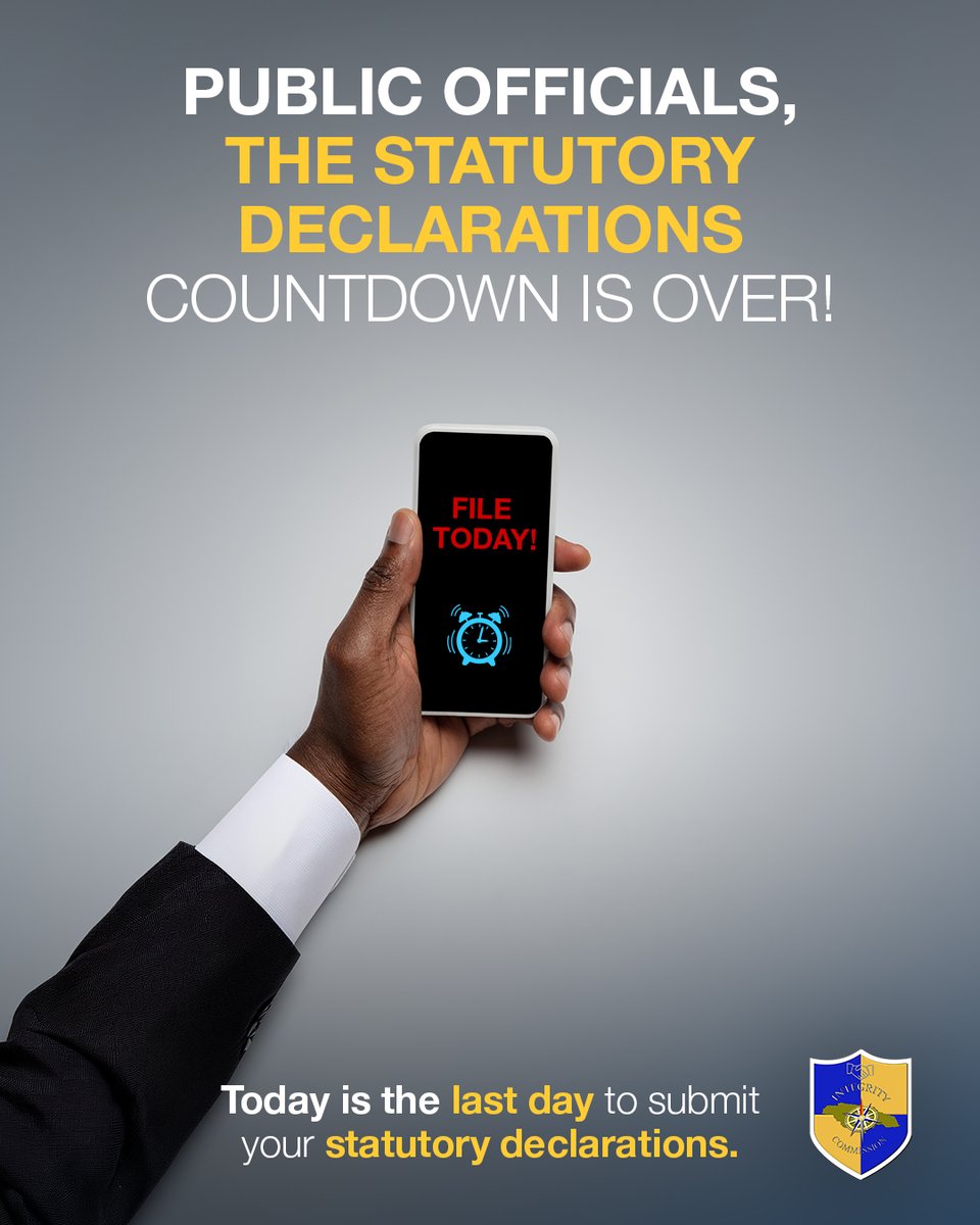JISNews's tweet photo. The Statutory Declaration countdown has ended.
Today is your last chance to submit your statutory declaration.
Stay compliant and penalty-free, and file your declaration today.
Don’t wait any longer, submit now before the day ends!
#StatutoryDeclaration #IntegrityCommission #March31 #Deadline #FileOnTime #IntegrityMatters