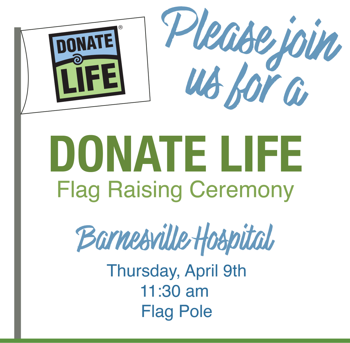 WVUBarnesville's tweet photo. Join us for our Donate Life Flag Raising Ceremony on Thursday, April 9th at 11:30 AM.

We invite our community to come together in support of donors, recipients, and their families as we celebrate the impact of donation.💙💚 https://t.co/lGalHxB7tM