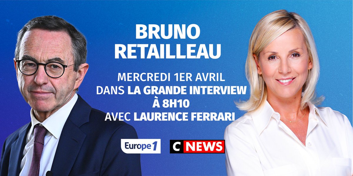 🔵 Ce mercredi 1er avril dans #LaGrandeITW #Europe1 - CNews à 8h10

➡️ <a href="/LaurenceFerrari/">Laurence Ferrari</a> reçoit <a href="/BrunoRetailleau/">Bruno Retailleau</a> , Président Les Républicains, sénateur, candidat à la présidentielle