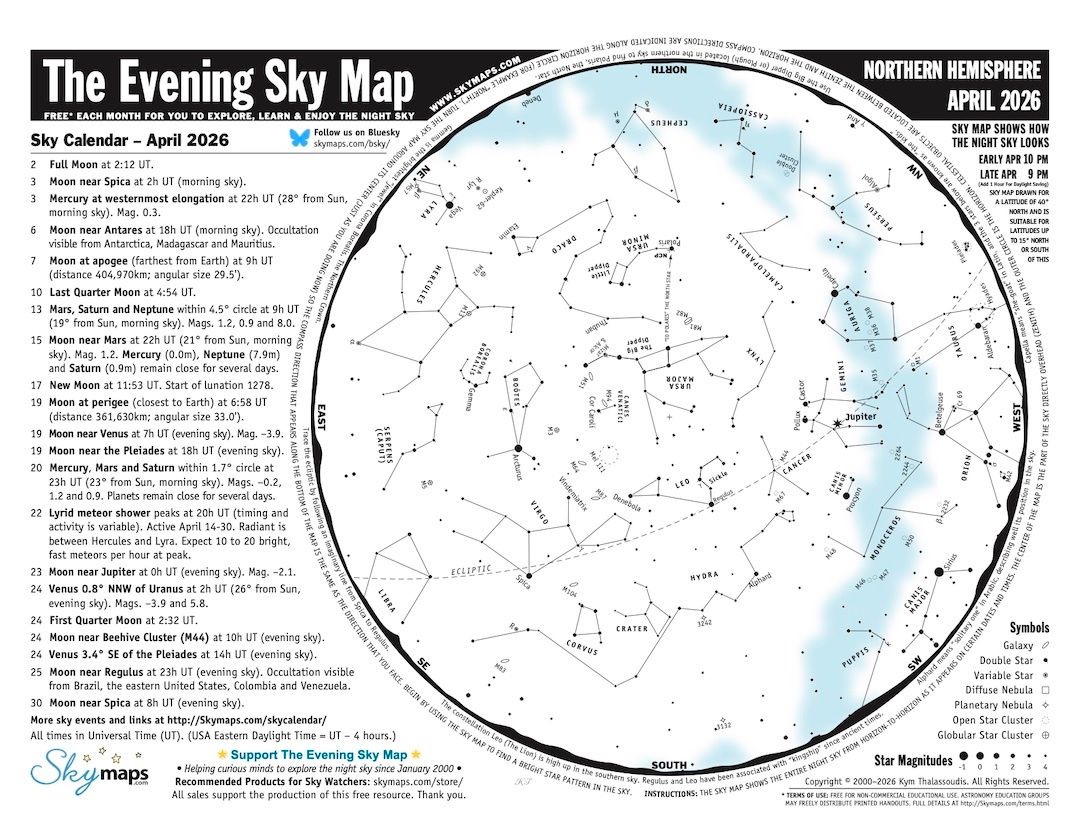 skymaps's tweet photo. 🌟 The April 2026 edition of The Evening Sky Map (PDF) is now available for download at https://t.co/a75xBxMPnJ. The PDF features easy-to-use sky maps for the northern &amp; southern hemispheres, and for the equatorial regions. Please share, and enjoy exploring the Universe!
#space https://t.co/b9LcRxniRt