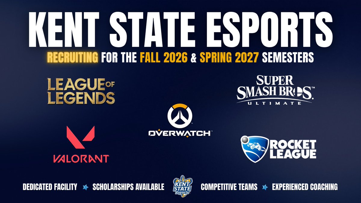 Kent State Esports is recruiting for the Fall 2026/Spring 2027 academic year! ⚡️

🎮 LoL, OW, RL, SBBU, VAL

- Based in Kent, OH
- Professional Coaching
- Scholarships Available
- Dedicated Facility
- &amp; more!

Interested? Fill out the form below: 
forms.gle/jbHJwQWU7zd5a1…