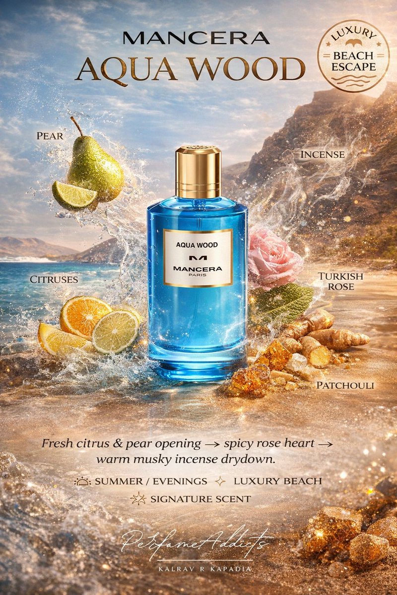 kalravkapadia's tweet image. PerfumeAddicts Exclusive Deal:

Fresh citrus 🍋 + juicy pear 🍐 → spicy ginger &amp;amp; Turkish rose 🌹 → smoky incense + amber + white musk 🔥

🔥 TESTER FLASH DEAL 

Mancera Aqua Wood Eau  de Parfum Pour Homme for men from Mancera 120ml EDP TESTER WITH CAP for 7100. #aqua #fresh