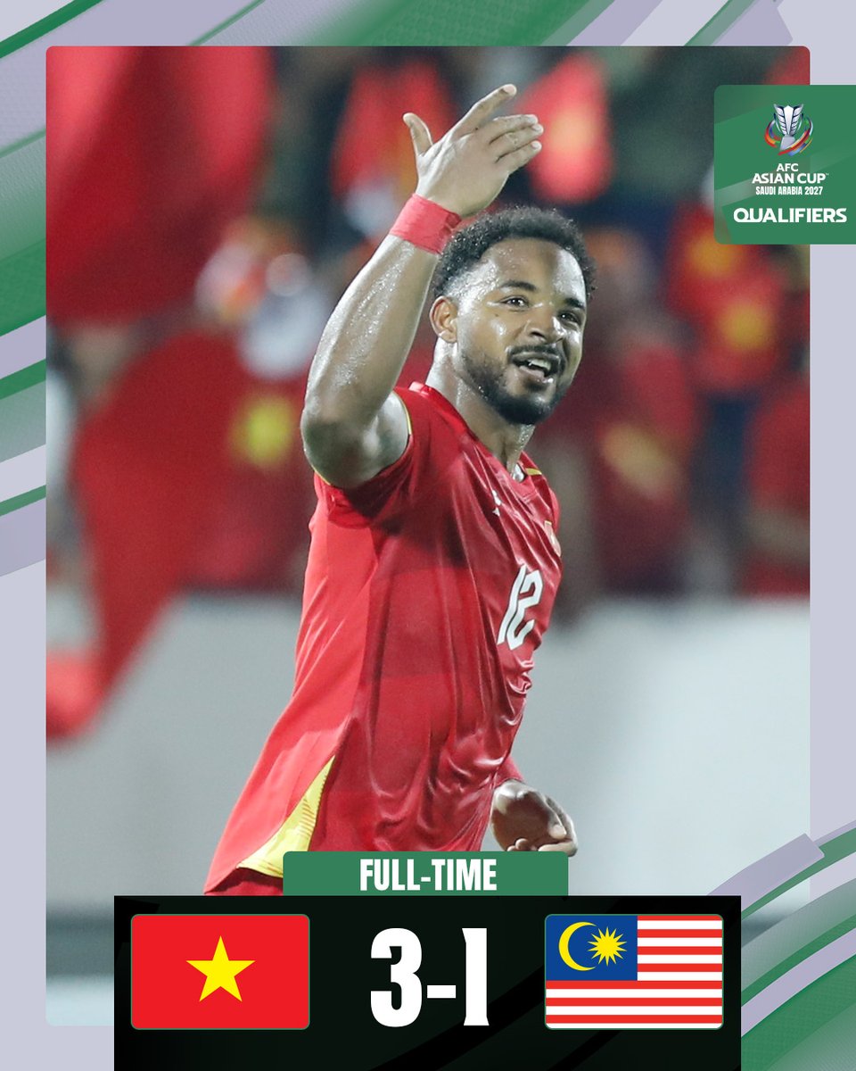 afcasiancup's tweet photo. 𝗙𝗧 | 🇻🇳 Vietnam 3️⃣-1️⃣ Malaysia 🇲🇾

Vietnam gain another strong win to top Group F and book their #AsianCup2027 spot!

#ACQ2027 | #VIEvMAS https://t.co/iwOI8GFXqU