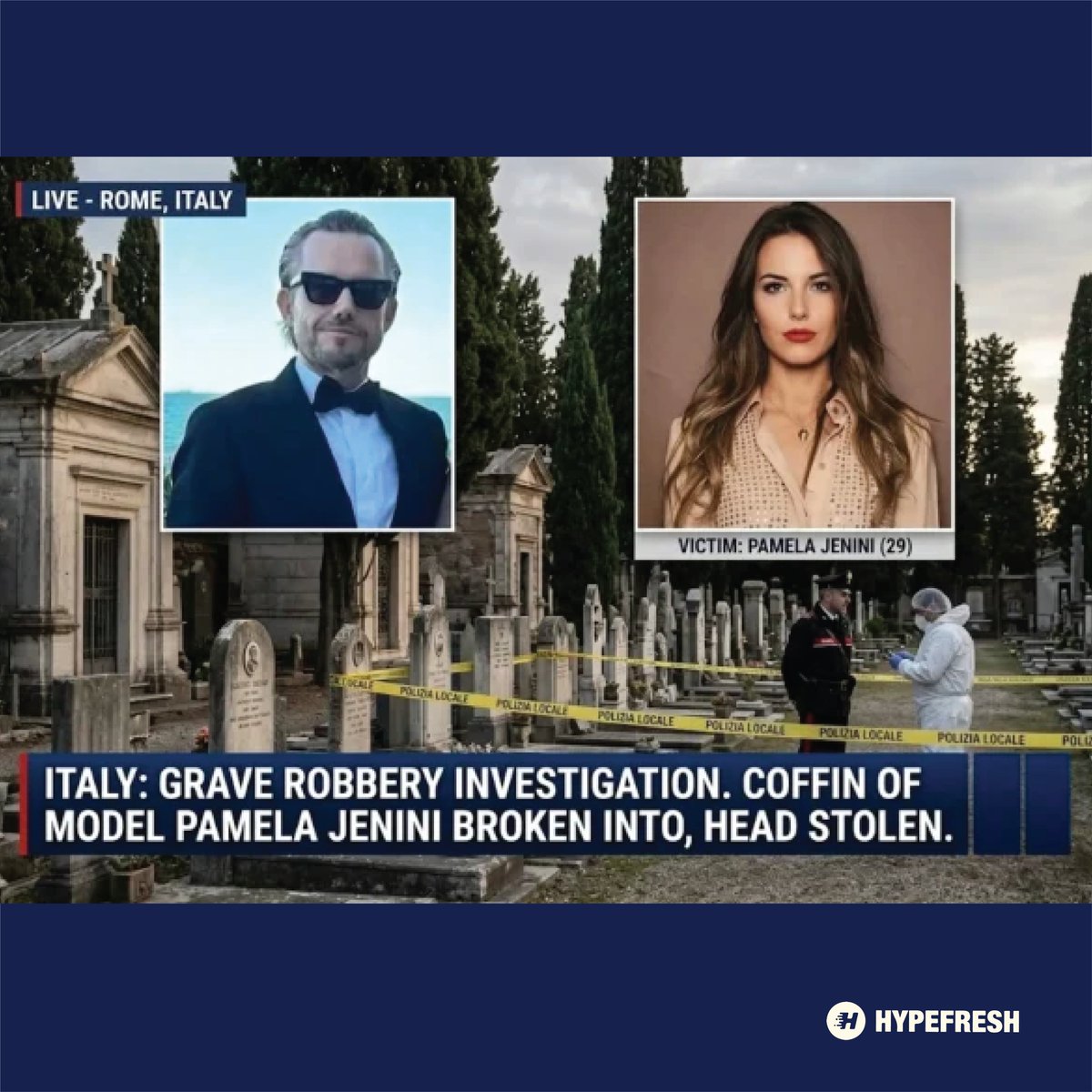 HypefreshC's tweet image. Model’s severed head stolen from coffin in Italy. A bizarre, macabre crime scene. Grave robbery takes a darkly personal turn. 🕵️‍♂️⚰️

#Italy #Macabre #GraveRobbery #PamelaJenini #TrueCrime #BizarreNews

🔗 Tap to see more – hypefresh.com/model-pamela-j…