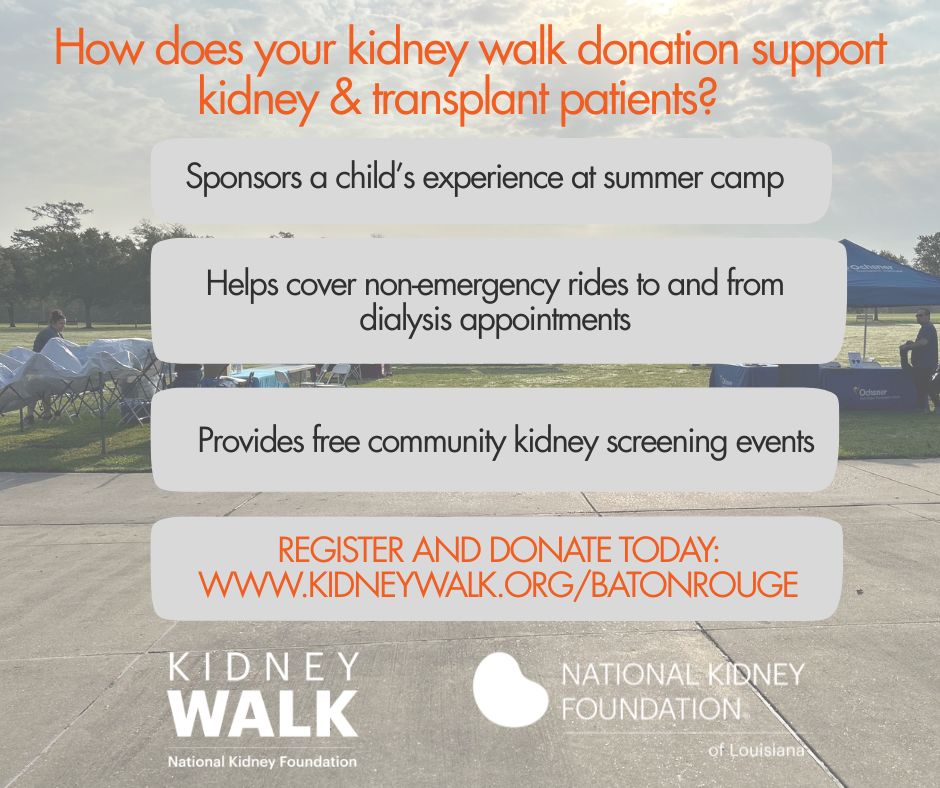 NKFLA's tweet image. Your #KidneyWalk donation goes further than you think! 🧡 Wondering how it supports kidney and transplant patients? Take a look at how these funds are changing #kidney and #transplant patients.
Register, donate and walk with us: kidneywalk.org/batonrouge