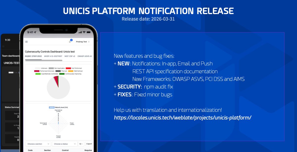 UnicisTech's tweet photo. 🚀 New Release: #Notification + #RESTAPI

🔔 Real-time notifications (in-app, email, push)
🔌 OpenAPI 3.0 REST API + API keys
⚡ Clean JSON responses for easy integration

👉 Blog Post: https://t.co/1Jxh91xm3n

#OWASPASVS, #PCIDSS, #ISO42001 https://t.co/dTxOmSUB5S