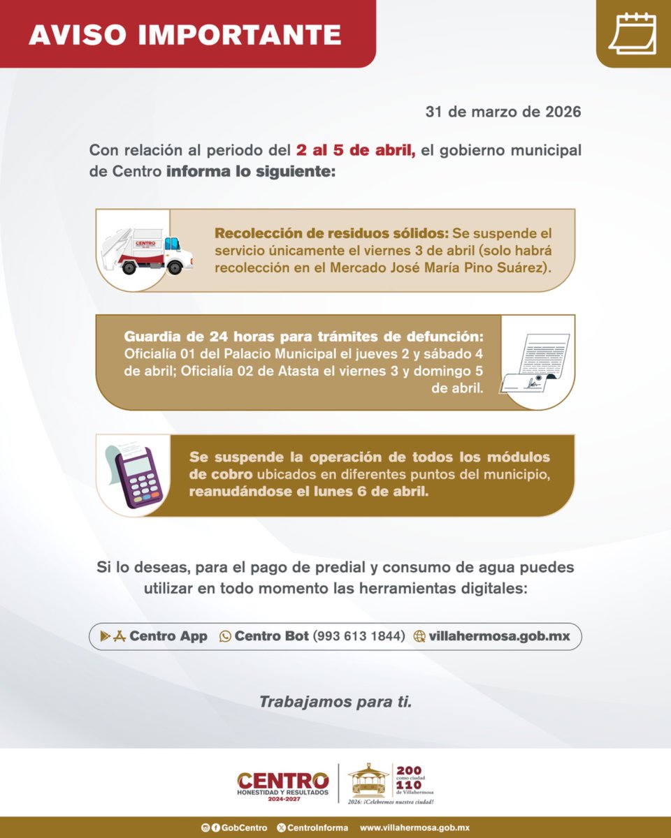 TabascoHOY's tweet photo. #RelevanteTH 🗣️| Reporta el Ayuntamiento de Centro los servicios municipales que se realizarán y los que no estarán activos, esta semana del 2 al 5 de abril, con motivo de la Semana Santa
📍Sí habrá recolección de residuos sólidos, excepto el viernes 3 de abril (en el mercado Pino Suárez sí habrá recolección).
📍Trámites de actas de defunción:
Guardia de 24 horas:
Oficialía 01, en Palacio Municipal. Jueves 2 y sábado 4 de abril
Oficialía 02, en Atasta. Viernes 3 y domingo 5 de abril
📍Se suspende la operación de todos los módulos de cobro ubicados en diferentes puntos del municipio, reanudándose el lunes 6 de abril.
https://t.co/MaPADTvVVx
