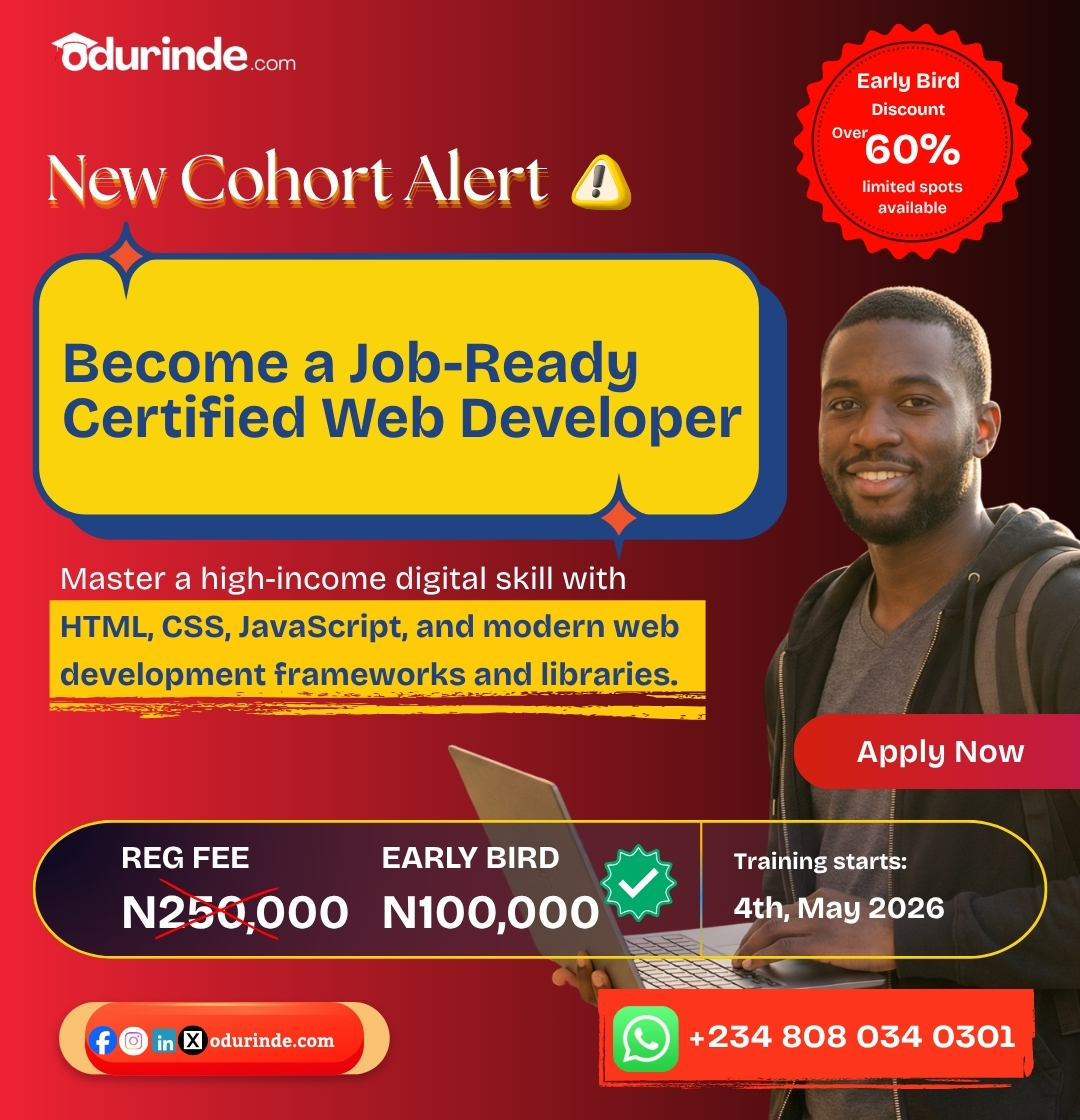 🚀 Start your Web Dev journey! Our training begins 4th May 2026. Hands-on projects + expert guidance.

Questions? odurinde.com/contact

Success stories: odurinde.com/guarantee/

Enroll now and transform your career!
 odurinde.com

#WebDevelopment #LearnToCode