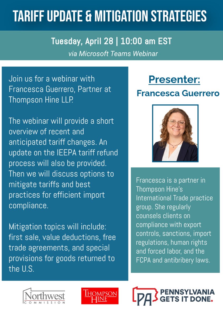 nwPAexport's tweet photo. Have you registered yet? Join us on April 28 for an informative webinar with Francesca Guerrero of @ThompsonHine!

Sign up via the link -
https://t.co/17eWciQSP2 https://t.co/viVK4l75IE