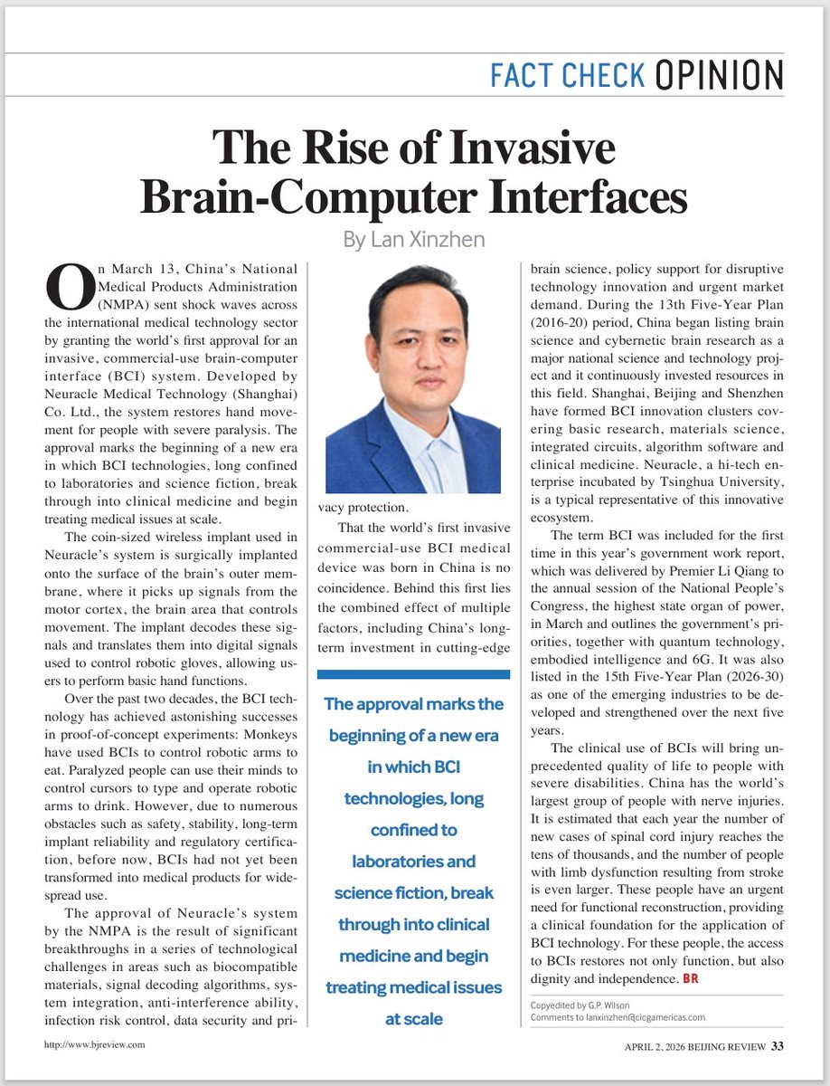 BeijingReview's tweet image. #BeijingReview #Opinion The clinical use of #brain-#computer interfaces will bring unprecedented quality of life to people with severe disabilities.
bjreview.com/Opinion/Fact_C…