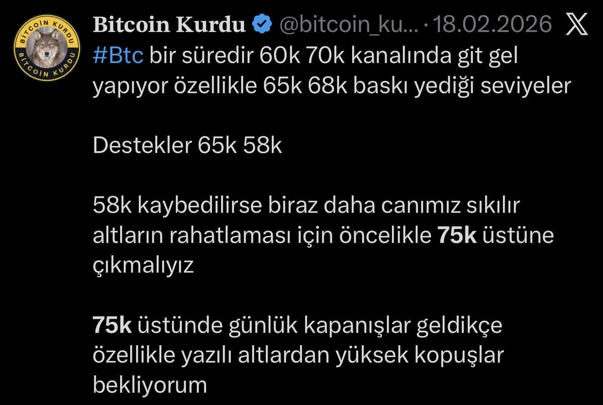 Daha önce belirtmiştim olduğum gibi #Btc  60k 70k kanalında git gel yapmaya devam ediyor 

Piyasanın rahatlaması ++ trend tersine mi dönüyor acaba diyebilmemiz için öncelik 75k üstü 

Üstünde kaldıkça piyasa bir nebze de olsa rahatlayacak 

75k gelmedikçe maalesef 60k 58k