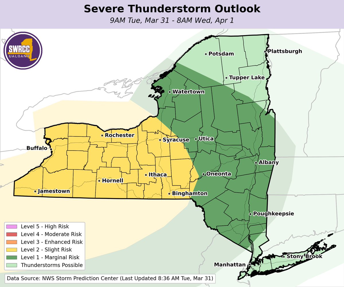 NYSWRCC's tweet photo. These two maps may look very similar, but they're highlighting two different hazards:

The map on the left shows the @NWS risk of severe thunderstorms today, which is highest in western/central NY. The right map shows the risk of flash flooding, also highest in western NY. https://t.co/wP2zGRbhSc